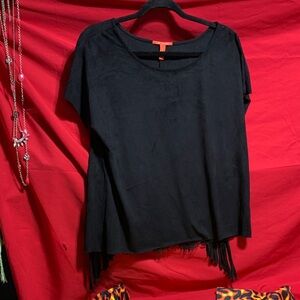#039 Size large Chelsea & Violet NWT Black Fringe n lace back Short Sleeve Top